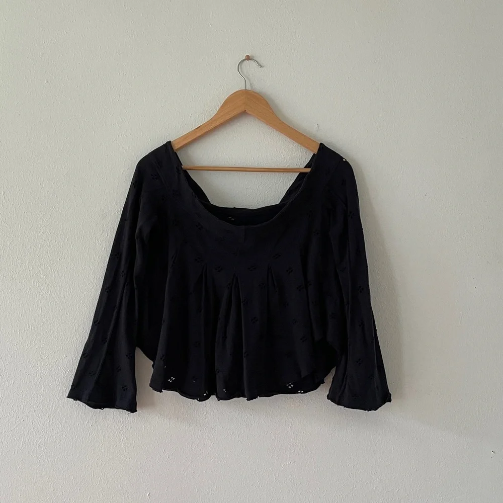 Free People Eyelet Blouse Flare Sleeve Washed Boho Black Medium